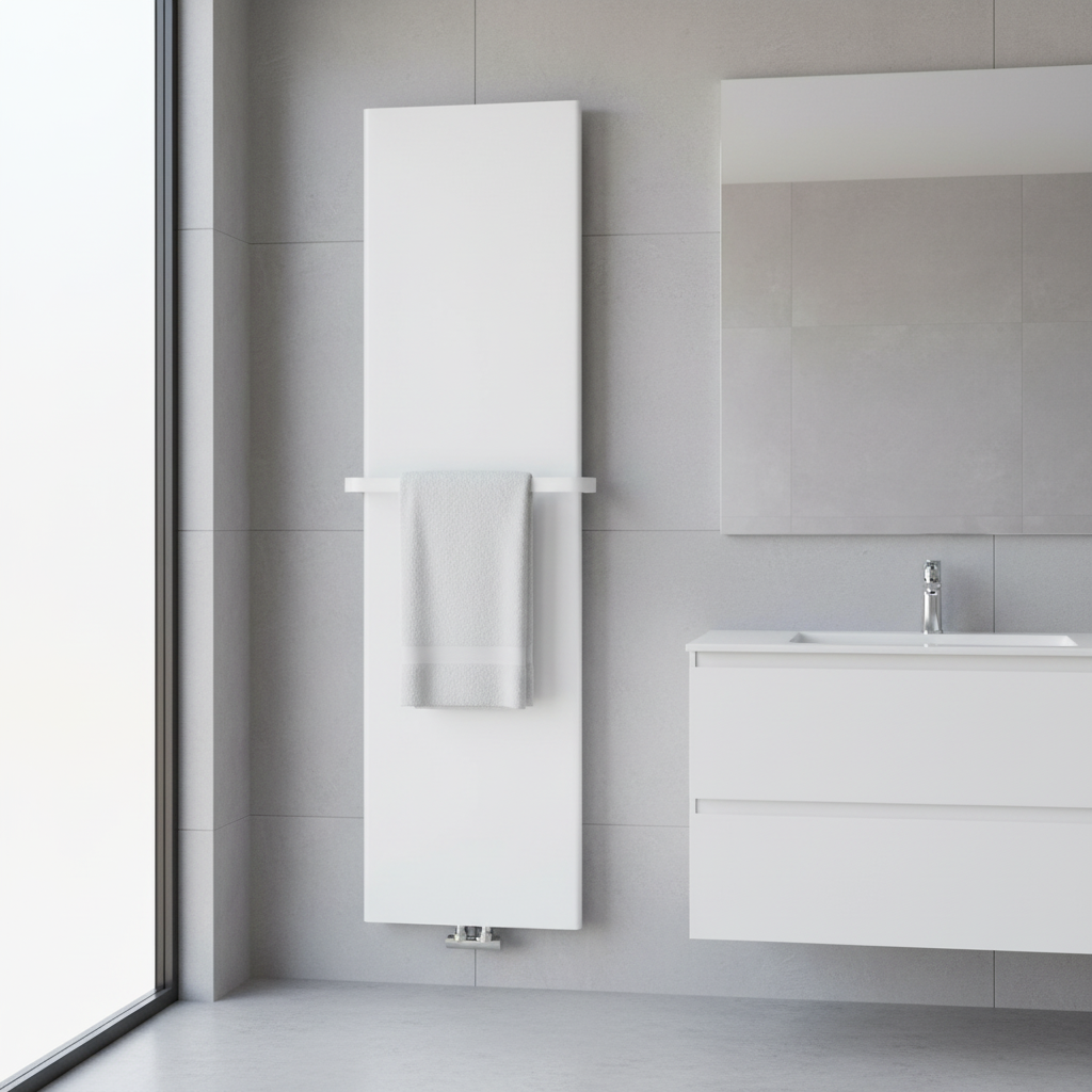 White towel bar on radiator in bathroom