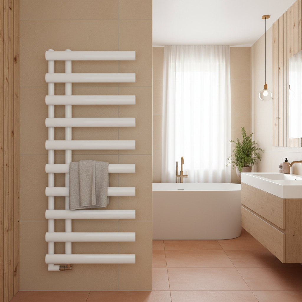 White towel rail in warm bathroom