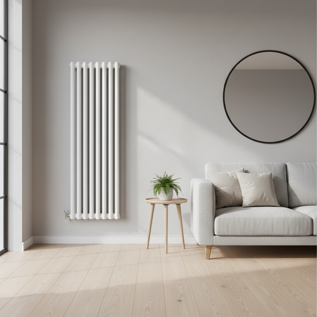 White vertical column radiator in modern interior - square format