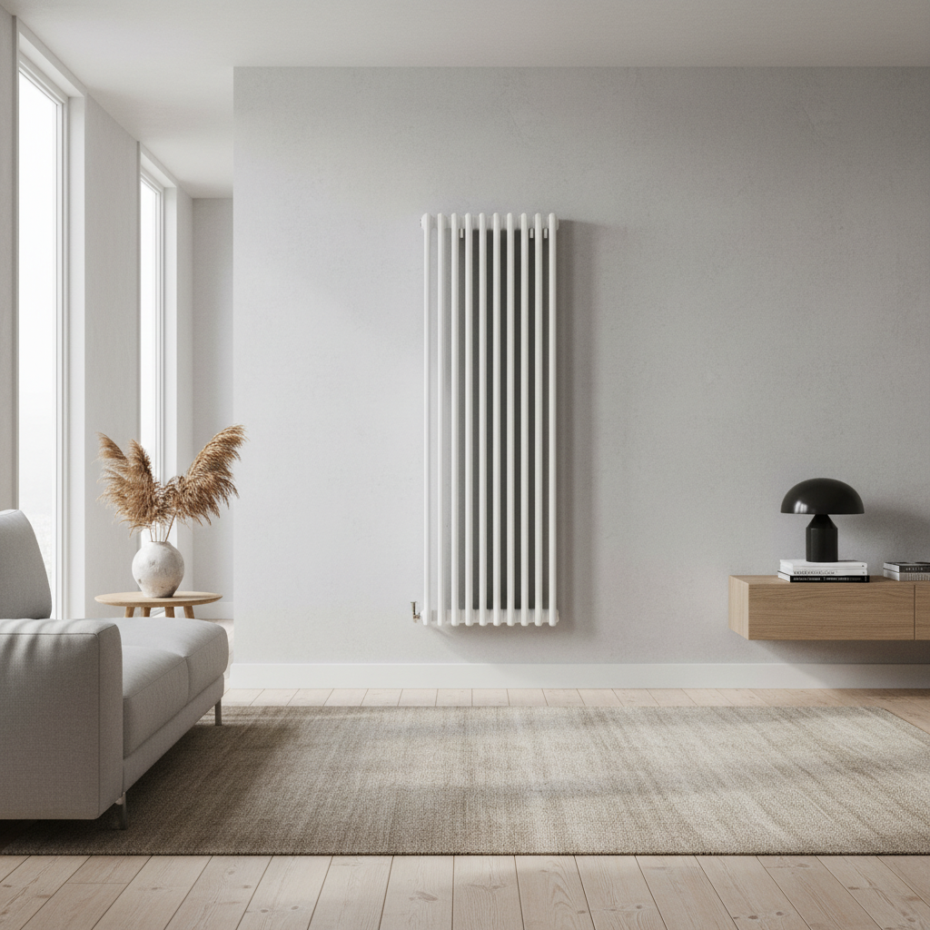 White vertical column radiator in modern interior - square format