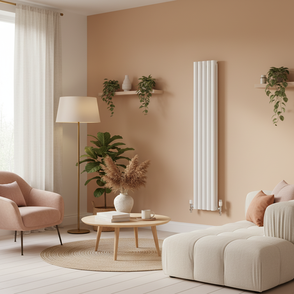 White vertical column radiator in warm pastel room