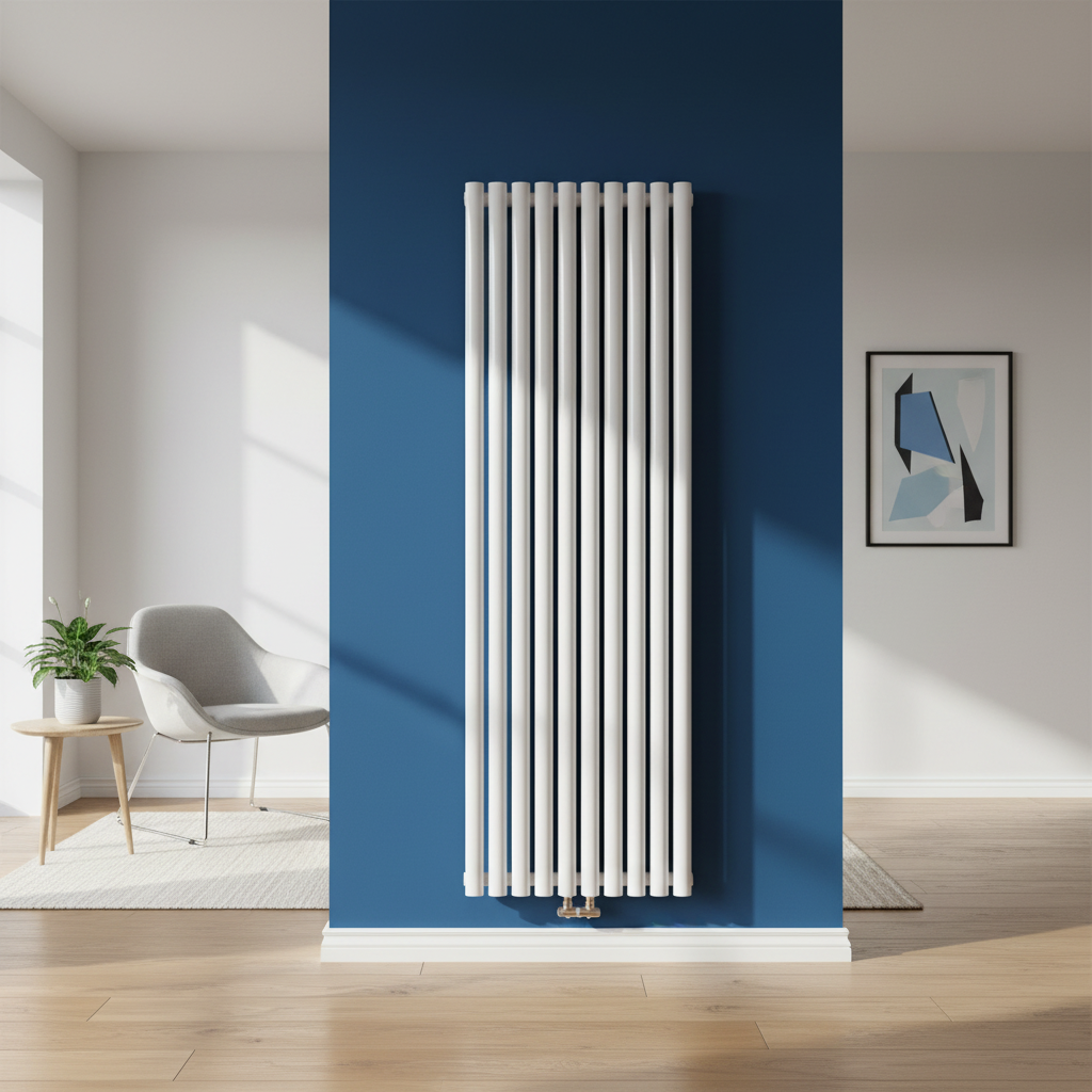 White vertical column radiator on cobalt blue wall in modern interior - square format