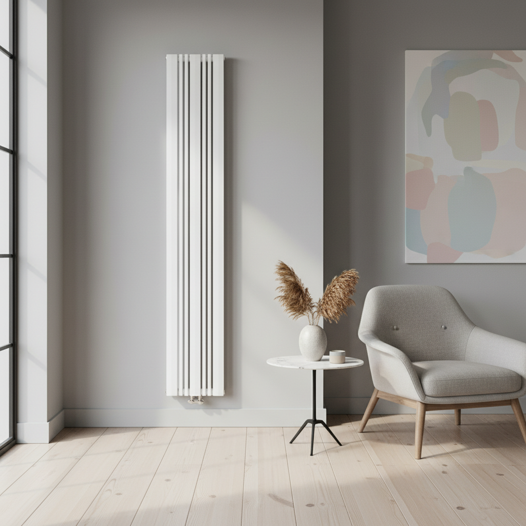White vertical designer radiator in modern interior - square format