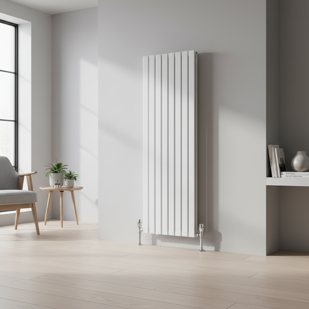 White vertical flat panel radiator in modern interior - square format