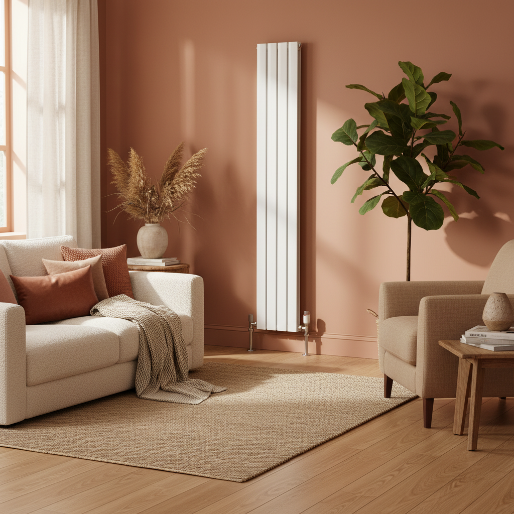 White vertical flat panel radiator in warm stylish room