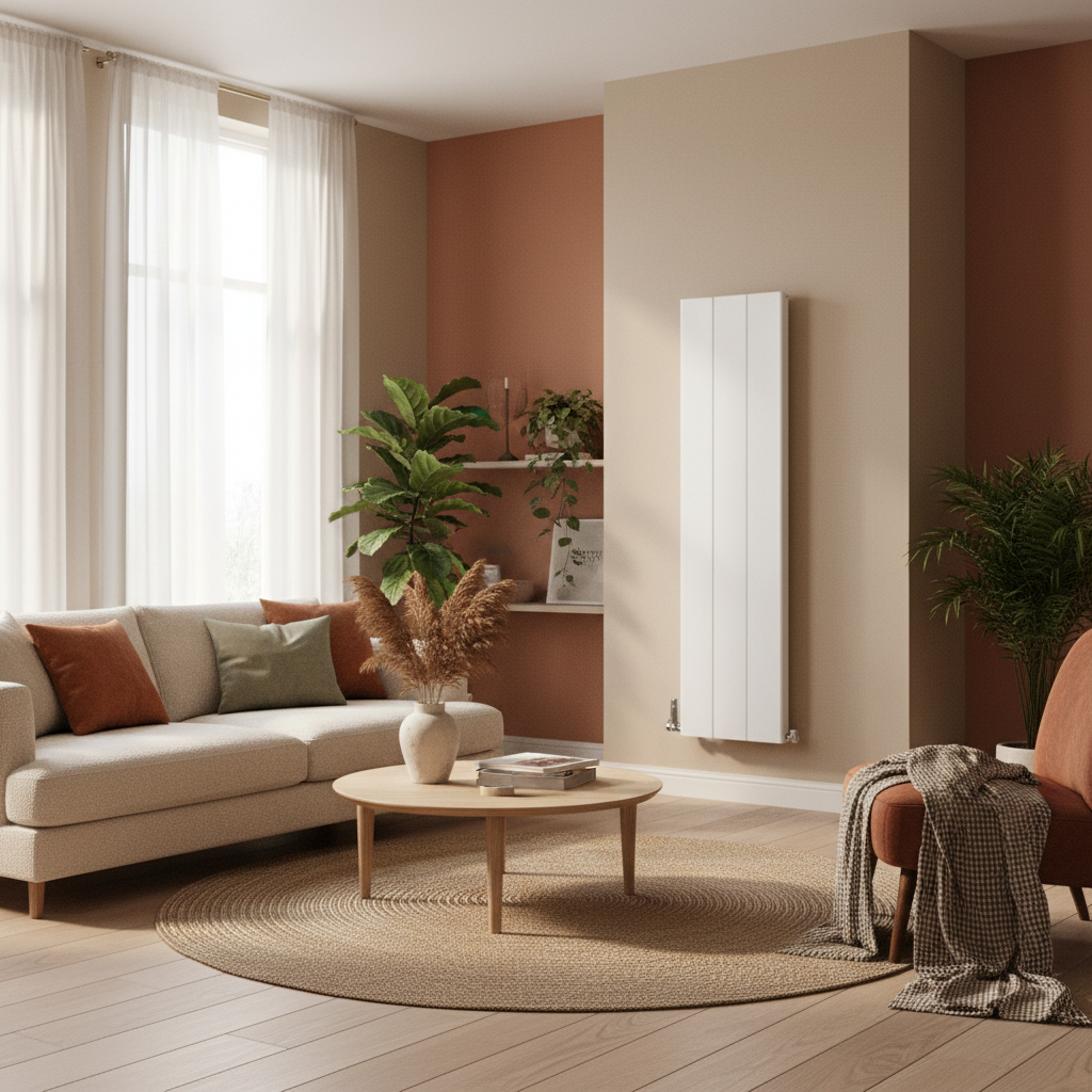 White vertical radiator in warm stylish room