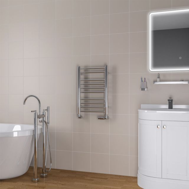 Alt Tag Template: Buy Eastbrook Biava Round Steel Chrome Heated Towel Rail 600mm H x 400mm W Dual Fuel - Thermostatic by Eastbrook for only £287.71 in Eastbrook Co., Dual Fuel Thermostatic Towel Rails at Main Website Store, Main Website. Shop Now