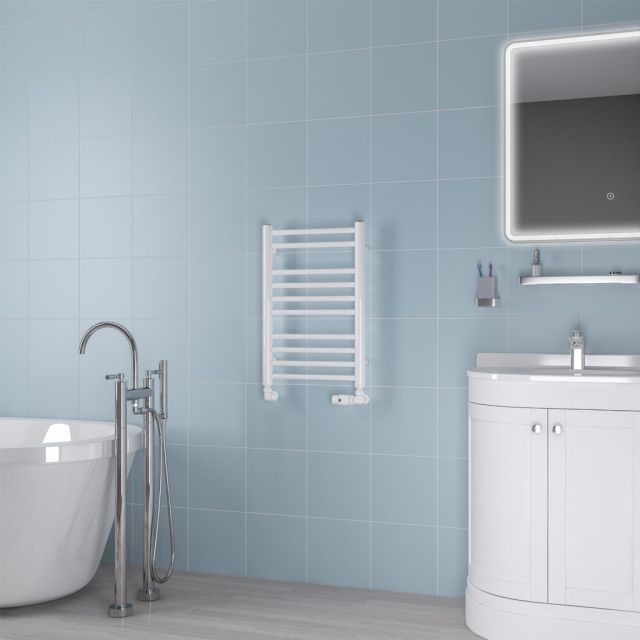Alt Tag Template: Buy Eastbrook Biava Round Steel White Heated Towel Rail 600mm H x 400mm W Dual Fuel - Thermostatic by Eastbrook for only £233.06 in Eastbrook Co., Dual Fuel Thermostatic Towel Rails at Main Website Store, Main Website. Shop Now