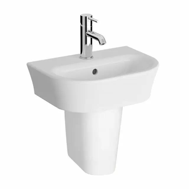 Alt Tag Template: Buy Kartell K-Vit Eklipse 450mm Compact Basin 1 Tap Hole with Semi Pedestal, White Finish by Kartell for only £142.50 in Suites, Basins, Kartell UK, Toilets and Basin Suites, Kartell UK Bathrooms, Semi-Pedestal Basins, Pedestal Basins, Kartell UK Baths, Kartell UK - Toilets at Main Website Store, Main Website. Shop Now